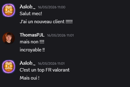 Message d’un membre de Pixel Minia annonçant un nouveau client dans l’esport