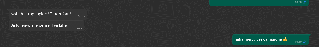 Échange WhatsApp avec Corentin satisfait du travail réalisé