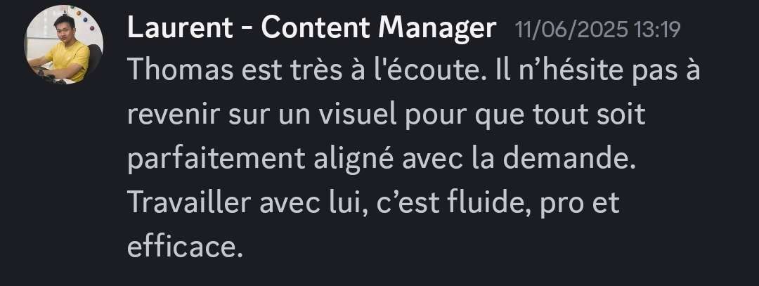 Témoignage Discord soulignant un travail fluide, professionnel et efficace